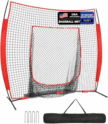 7 x 7 ft Baseball Net, Baseball Softball Batting Net for Practice Hitting Pitching Fielding, Quick Setup, Portable, with Carry Bag, 4 Ground Stakes
