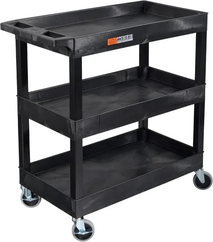 Stand Steady Tubstr Carrito de empuje de 3 estantes soporta hasta 300 libras - Carrito de servicio de plástico resistente ideal para oficinas Negro