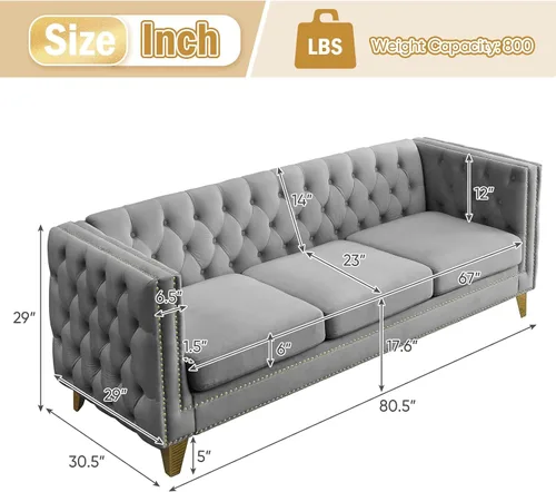Vista 2 de Sofá de terciopelo de 3 plazas, cómodos sofás para sala de estar, sofá moderno con respaldo copetudo y decoración de remaches, sofá largo tapizado