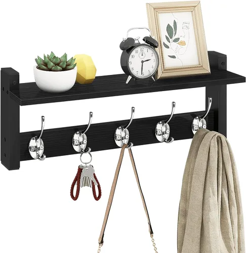Perchero de pared con estante, colgador de entrada de madera con ganchos, pequeñas clavijas flotantes para colgar abrigos, sombreros, bolsos, Negro