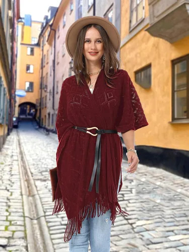 Vista 21 de Soul Young - Chal de punto para mujer, poncho con flecos y capa