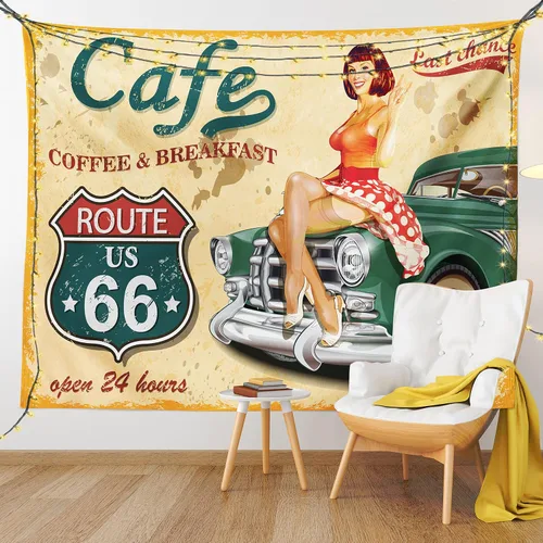 Lunarable Route 66 - Tapiz de café y comedor, letrero vintage para dama sentada en un auto, autopista, tema nostálgico grunge, decoración de tela