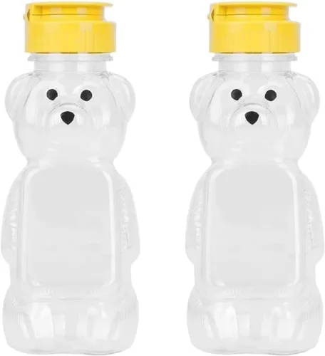 BWESOO 2 frascos de plástico amarillos de 8 onzas para botella de miel de oso, botella vacía de miel con tapa abatible para almacenar y dispensar,