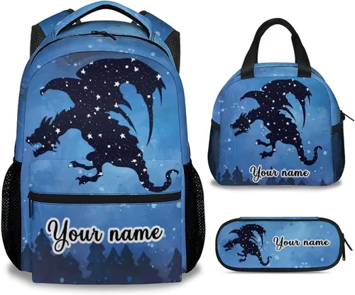 Mochila de dragón personalizada con lonchera, juego de 3 mochilas escolares a juego, bonita bolsa de libros y estuche para lápices
