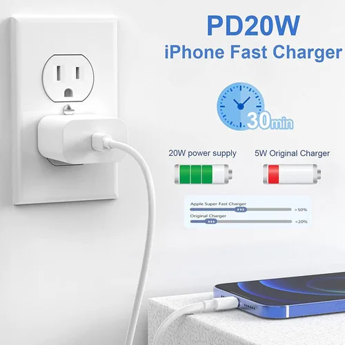 Vista 4 de StinkLight Cargador rápido USB C para iPhone de 20 W con cable USB C a Lightning y cable compatible para iPhone 14/13/12/11/XS/XR/X/iPad
