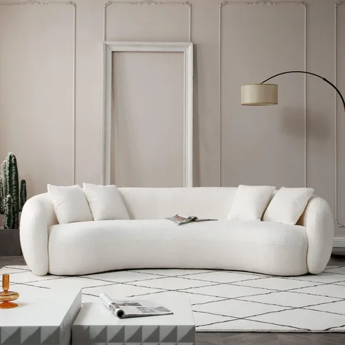 JUSTONE Sofá de sala de estar curvado moderno de mediados de siglo de 101 pulgadas, sofá de tela Boucle de 4 asientos para dormitorio, oficina, beige