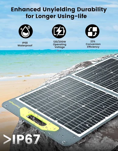 Vista 2 de Panel Solar Portátil de 120W 19V, Kit de Paneles Solares Plegables de 120W con Soportes Ajustables, Impermeable IP65 para Camping, Exterior