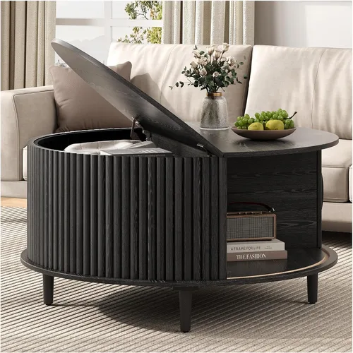 Vista 16 de Mesa de centro elevable con almacenamiento, mesa central negra de 32 pulgadas para sala de estar, mesa de comedor cuadrada con patas de madera