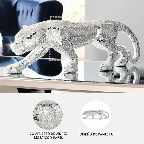 Vista 3 de Signature Design by Ashley - Escultura de pantera de cristal, estatua plateada de 30 pulgadas Vidrio de mosaico hecho a mano y compuesto de papel