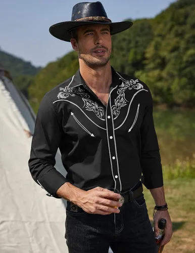 Vista 2 de COOFANDY Camisa vaquera occidental para hombre, manga larga, ajustada, bordada, de algodón, casual, con botones