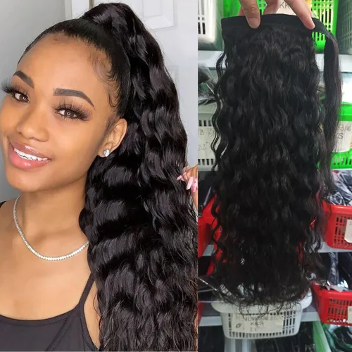Extensión de cola de caballo de cabello humano, onda de agua, pasta mágica, ondulado, natural, cola de caballo rizada 100% real, cabello Remy ondas