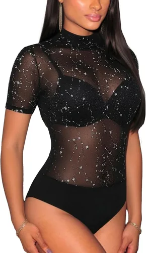 Vista 10 de Lrady Women's Short Sleeve Bodysuit Mesh Sheer Going Out Tops K#1 Negro