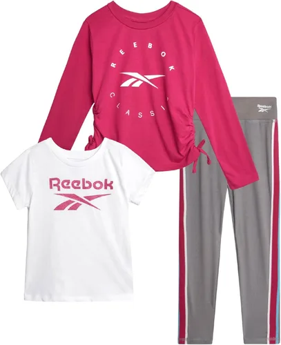 Reebok Conjunto de leggings para niñas activas 3 piezas atléticas de cuello redondo de manga corta, sudadera y pantalones de leggings para niñas