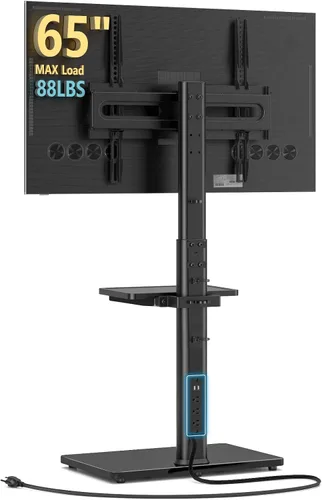 AX WABER - Soporte de TV para piso con toma de corriente y estante, soporte universal para TV de 27 a 65 pulgadas hasta 88 libras, giro de 70