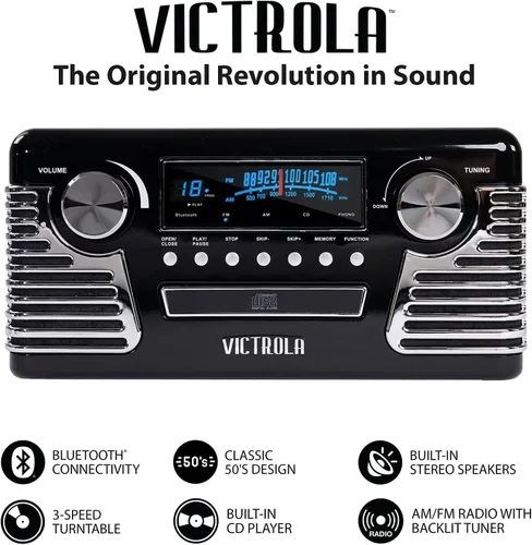 Vista 4 de Victrola Haley - Tocadiscos retro Bluetooth con reproductor de CD Negro