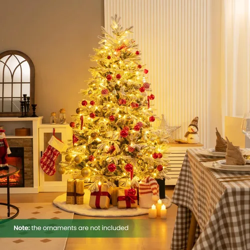 Vista 2 de Goplus 6ft Pre-Lit Snow Flocked Christmas Tree, Artificial Hinged Xmas Tree with 350 Warm-White LED Lights, 1022 PE & PVC Branch Tips, Foldable