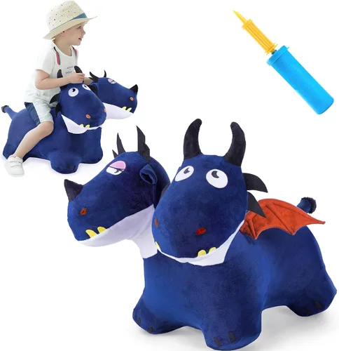 iPlay, iLearn juguetes de animales saltarines para niños pequeños, caballo saltarín de felpa azul, dragón inflable para montar con bomba, saltarín