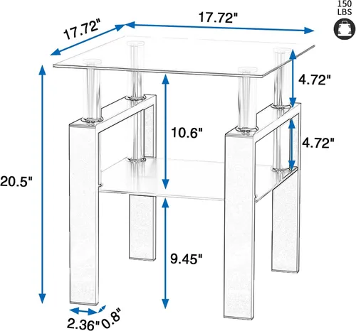 Vista 2 de Mesa auxiliar moderna de vidrio templado, mesa de centro cuadrada para sala de estar, mesa de té de cristal, mesa auxiliar de sofá (negro, 1 unidad)