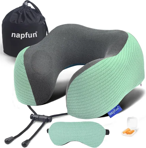 Vista 9 de napfun Almohada de cuello para viajes con bolsa de viaje, máscara de sueño y tapones para los oídos, almohada de espuma viscoelástica para dormir