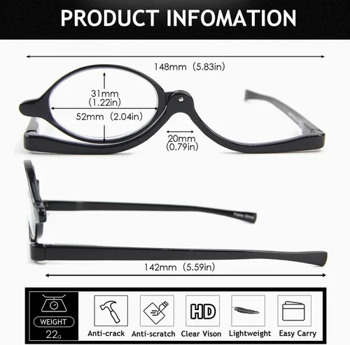 Vista 3 de 2 Pairs Makeup Reading Glasses for Women, Magnifying Flip Down Cosmetic Readers, Make Up Glasses with Spring Hinge