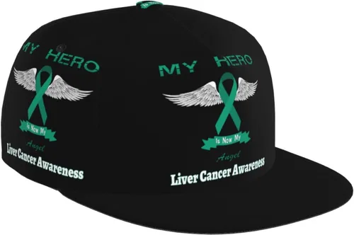 My Hero is Now My Angel Liver Cancer Awareness Baseball Cap Four-Sided Printing Flat Bill Brim Cool Hip Hop Trucker Hat Men Women Adjustable