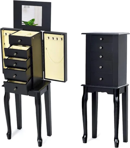 OFFICEJOY Armario de joyería con espejo abatible superior, baúl de almacenamiento de joyas de madera con 4 cajones, 2 puertas laterales, 8 ganchos
