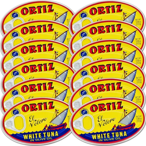 Ortiz Atún en aceite de oliva, lata ovalada de 3.95 onzas, paquete a granel de 12 | Atún enlatado superior en aceite de oliva | Ortiz Atún blanco en
