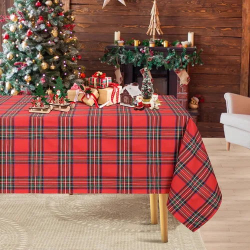 Vista 16 de Camino de mesa a cuadros de Navidad de búfalo, camino de mesa rectangular de cuadros de Navidad para decoración de mesa de cena de fiesta de Navidad