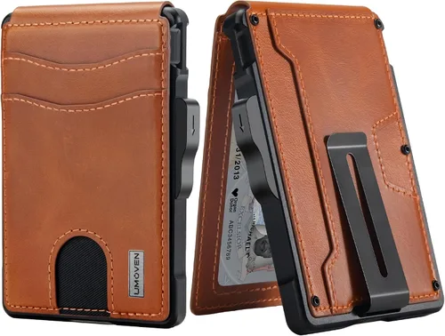Cartera para hombre con clip para dinero, ranuras de cuero delgadas con bloqueo RFID, billetera minimalista plegable, Sienna Marrón, Minimalista