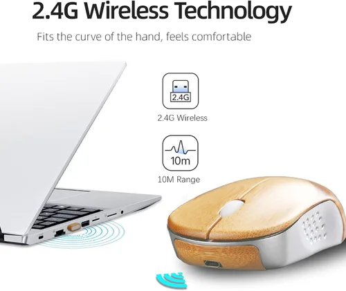 Vista 3 de Icemouse - Mouse inalámbrico de bambú – Ratón óptico silencioso recargable, 4 DPI, receptor USB, ecológico para portátil y PC