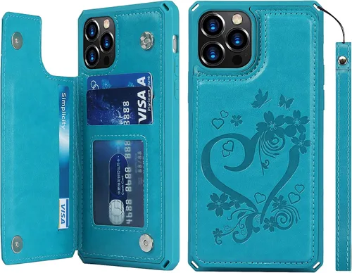 Vista 11 de iCoverCase Funda compatible con iPhone 12 Pro Max con tarjetero para mujer, bloqueo RFID en relieve de piel sintética con correa de muñeca de 6.7
