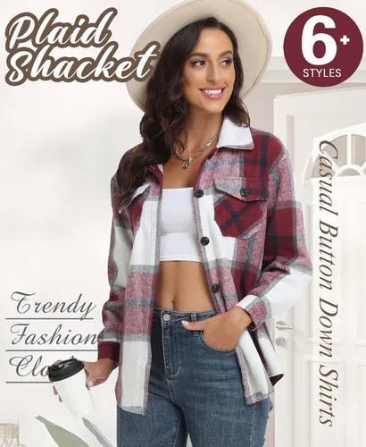 Vista 2 de Chaqueta a cuadros para mujer, casual, con botones, manga larga, ropa de moda para otoño