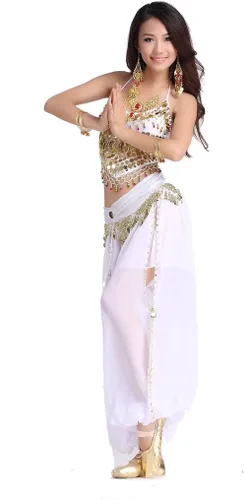 Traje para danza árabe ZLTdream para mujeres, de chifón, top venda y pantalones anchos con monedas