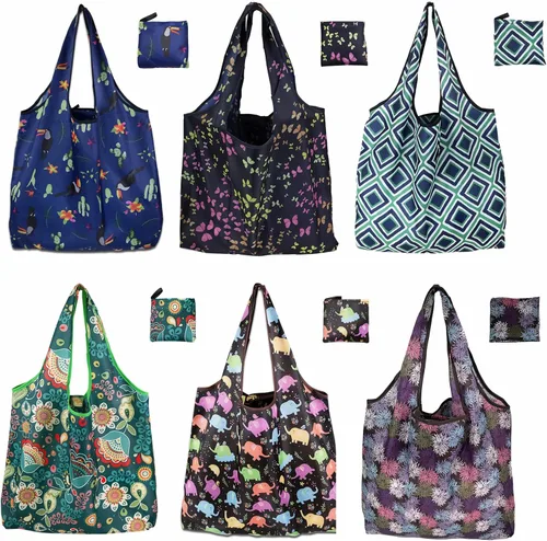 Vista 9 de Paquete de 6 bolsas de comestibles reutilizables resistentes con asas, bolsas de compras reutilizables para mujeres, plegables, lavables