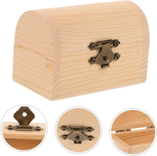 Vista 3 de Caja del tesoro de madera maciza con hebilla, diseño arqueado pequeño para organizador de baratijas, 2 uds