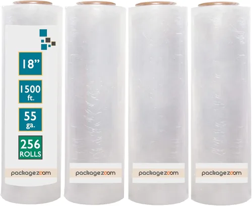 256 rollos de envoltura elástica de 18 pulgadas x 1500 pies, resistente, envoltura retráctil de resistencia industrial, película elástica de alto