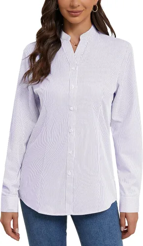 Vista 13 de Camisas básicas con botones para mujer, estilo ejecutivo informal, cuello, ropa de trabajo, camisa de vestir ajustada, blusa