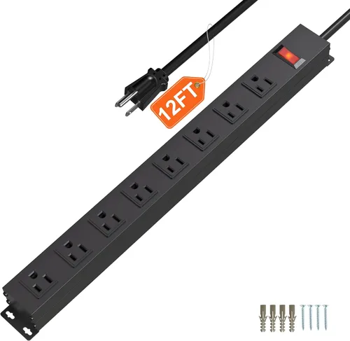 Vista 9 de Tira de alimentación de 10 tomas de 6 pies de largo, cable de extensión resistente para montaje en pared, enchufe de metal para cocina, oficina