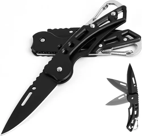 Cuchillo de bolsillo, cuchillo de bolsillo con cadena, hoja de solo 2.5 pulgadas. Cuchillo EDC para camping, senderismo, pesca para hombres y Negro