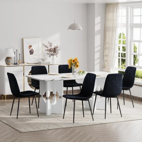 Vista 10 de Moderno juego de mesa rectangular para 6, mesas grandes de mármol sintético gris de 71 pulgadas con base de metal con marco hueco, y 6 sillas