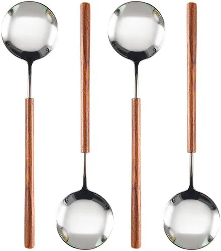 Vista 8 de Ouliget Cuchara de mango de madera retro, cucharadas de servir de acero inoxidable, cuchara de madera, cubiertos plateados con mango marrón, 4