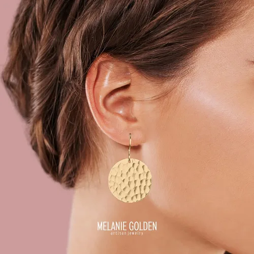 Vista 18 de Aretes colgantes grandes con disco circular martillado en plata, oro u oro rosa