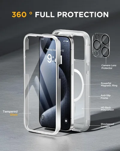 Vista 2 de Miracase Funda magnética para iPhone 15 Pro [compatible con MagSafe] Funda protectora de cuerpo completo con protector de pantalla de vidrio