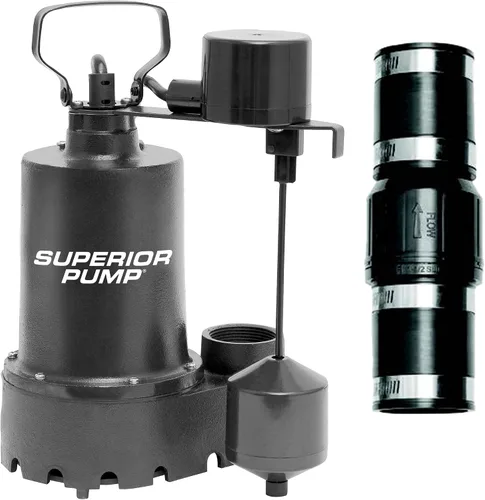 Superior Pump 92053 Bomba sumergible de sumidero de hierro fundido con interruptor vertical, más válvula de retención de bota de goma de 1-1/2