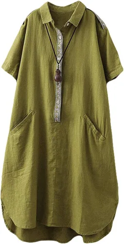 Mordenmiss Vestidos tipo túnica de lino para mujer, vestido midi con botones bordados florales