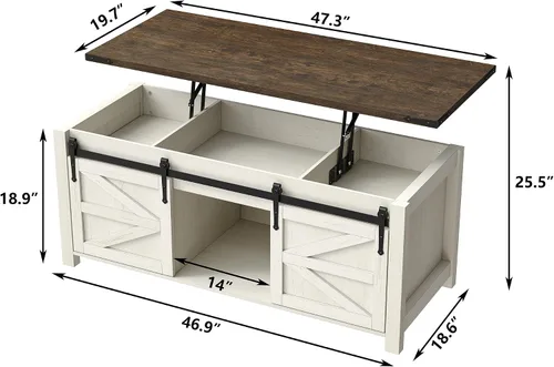 Vista 2 de Furnihold Mesa auxiliar de 47.3 pulgadas con almacenamiento, mesa de centro de madera de granja con parte superior elevable, puertas corredizas