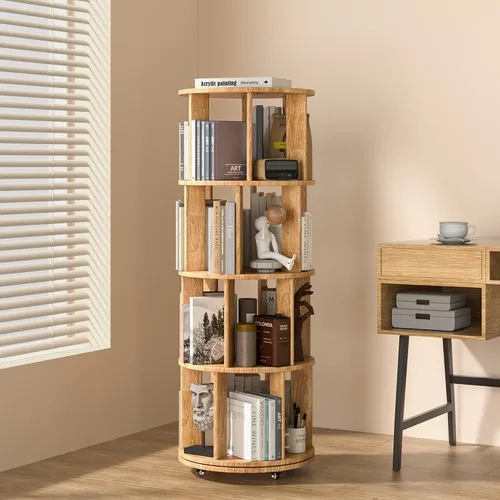 Estantería giratoria de madera maciza de 4 niveles sobre ruedas, torre giratoria de 360°, organizador redondo giratorio, estantes rodantes para