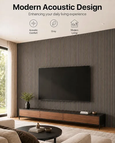 Vista 2 de Paneles de pared de listones de madera acústica – Paquete de 4 paneles de pared de 94.5 x 7.9 pulgadas con reducción de ruido y absorción de sonido
