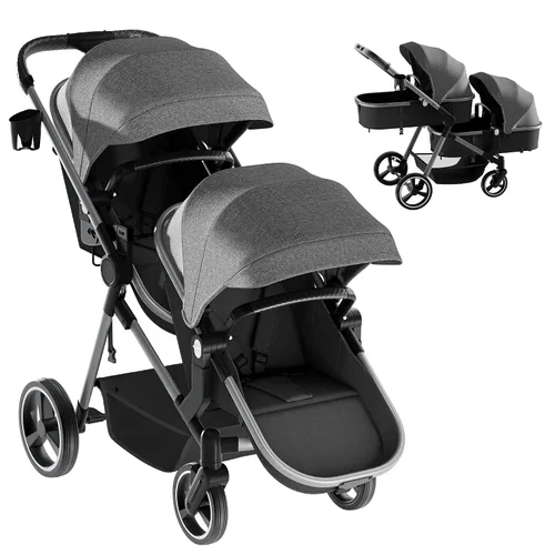 MU Cochecito doble, cochecito plegable en tándem doble con respaldo ajustable, asiento reversible, arnés de 5 puntos, canasta de almacenamiento, Gris