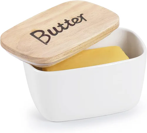 GDCZ - Soporte grande de cerámica para platos de mantequilla con tapa de madera (blanco) | Large Covered Butter Holder, Holds 4X 4oz West East Coast